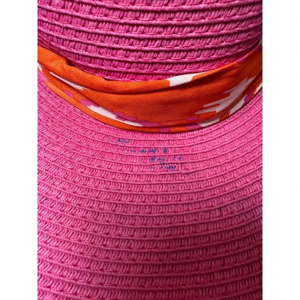 Mud Pie Pink Wide Brim Straw Sun Hat‎ Orange Scarf Floppy Beach One Size